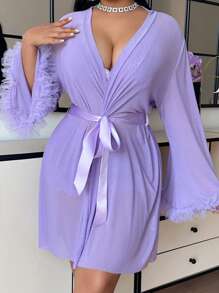 Seduluxe 3 件套：蕾丝边性感吊带短裤 + 花卉蕾丝宽袖网眼长袍，加大码 - 淡紫色 - 查看 4