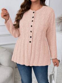 Cárdigan casual con botones y tejido de punto de cable de unicolor para mujer talla grande - Rosa - Ver 4