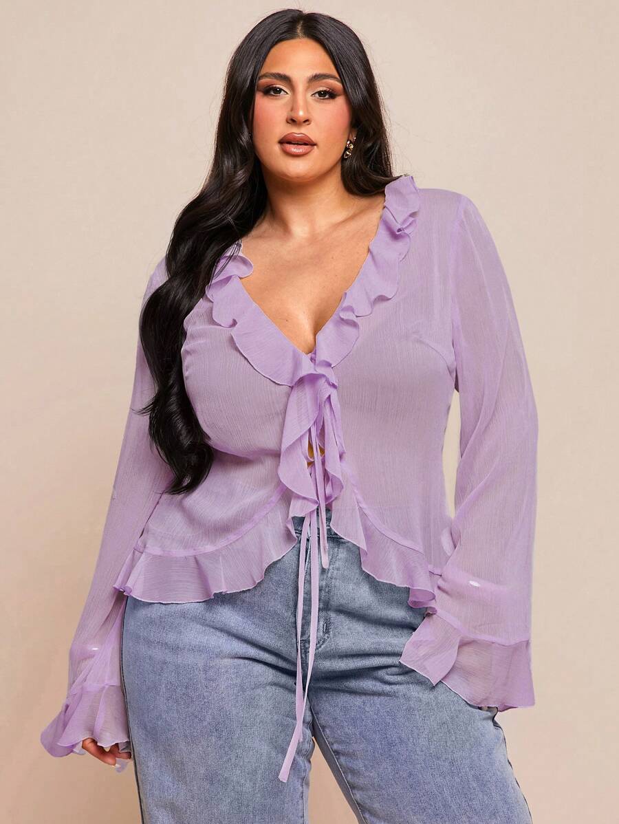 SHEIN BAE Áo cánh tay loe bèo nhún chiffon thanh lịch cỡ lớn cho nữ mùa xuân, thích hợp cho những buổi hẹn hò lãng mạn, tụ tập cùng bạn bè, hoạt động nghỉ dưỡng và trang phục thường ngày sành điệu - Màu tím hoa cà - Xem 1