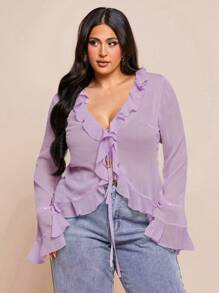 SHEIN BAE Áo cánh tay loe bèo nhún chiffon thanh lịch cỡ lớn cho nữ mùa xuân, thích hợp cho những buổi hẹn hò lãng mạn, tụ tập cùng bạn bè, hoạt động nghỉ dưỡng và trang phục thường ngày sành điệu - Màu tím hoa cà - Xem 4