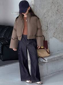 DAZY Abrigo corto acolchado de invierno de unicolor holgado con capucha para niñas preadolescentes