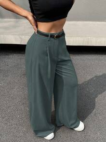 SHEIN EZwear 女士高腰系带阔腿休闲办公裤，灰色 - 灰色 - 查看 4