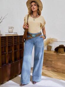 LanaWest Jeans vaqueros de pierna ancha y ajuste relajado con efecto desgastado para mujeres - Lavado ligero - Ver 3