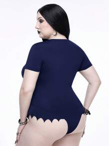 ROMWE Plus Size Gothic Summer Beach Bat Hem Collar Hollow Bodysuit For Women, Navy Blue - Navy Blue - View 3