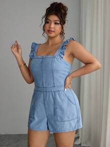 SHEIN EZwear Plus Size Women Patchwork Ruffle Pocket Denim Romper, Summer,Back To School - Blue - View 3