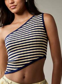 MISSGUIDED One Shoulder Striped Knit Tank Top Ribbed Nautical Style Summer Sleeveless Asymmetric Crop Fashion Top Beach Vacation Casual Wear Resort Essential - Blue and White - View 6