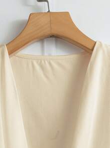 Franclia Women Elegant Twist Solid Deep V Neck Ruffle Short Sleeve T-Shirt - Apricot - View 4