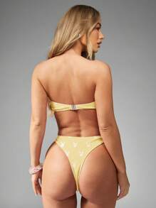 Missguided x Playboy Bộ đồ bơi bikini bandeau cổ cao in hình thỏ đi biển nghỉ dưỡng hồ bơi mùa hè hai mảnh - Màu vàng - Xem 2