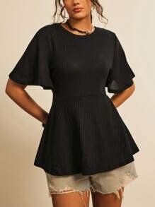 Freevana Plus Waffle Knit Butterfly Sleeve Peplum Tee - Black - View 4