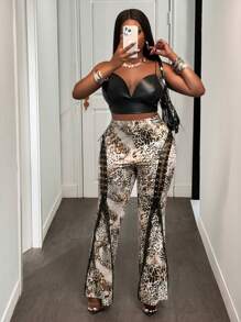 Slaydiva 大码女式豹纹系带喇叭裤 - 卡其色 - 查看 8