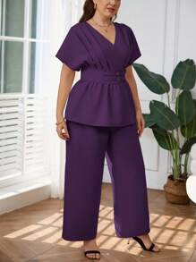 SHEIN Privé Bộ 2 món áo khoác cardigan cổ chữ V bằng sợi tre thanh lịch cỡ lớn và quần ống rộng ống đứng, phù hợp mặc hàng ngày, đi làm, đi làm, đi chơi, xuân hè - Màu tím - Xem 7