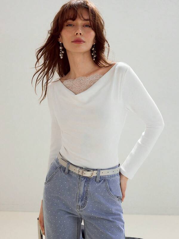 MOTF STUDIO Tricou cu mânecă lungă, croială slim și guler înalt, cu dantela contrastantă