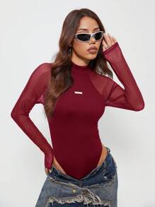 Coolane Women's Spring/Summer Music Festival Party Breathable Mesh Stretchy Bodysuit Bodysuits,Valentine's Day - Burgundy - View 2