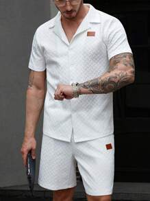 Manfinity CasualCool Men's High-End Knitted Diamond-Shaped Jacquard Solid Color Short-Sleeved Button Shirt Set,Men's Summer Grainy Lapel Neck Short Sleeve Shirt & Shorts Casual Set,Versatile Items For Daily Commuting, Travel, Vacation And Outings,Husband  And Boyfriend Gifts For Friends,Casual And Simple Style, Urban Mature Style, British Gentleman Style,Mens 2 Piece Outfits,Men 2 Piece Set,Men Summer Outfits
