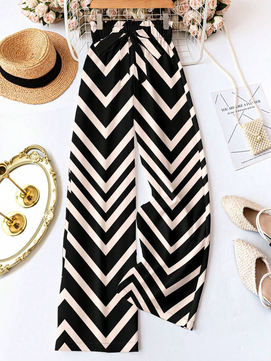 SHEIN LUNE 女士几何条纹腰带抽绳裤，适合春夏季