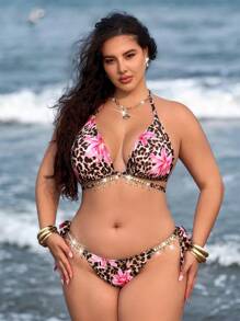 Swim Vcay Plus Size 2pcs Set Random Bling Decor Halter Triangle Bikini, Sexy Minimalist Fashion Women Beach Wear For Summer Beach Vacation - Multicolor - View 1