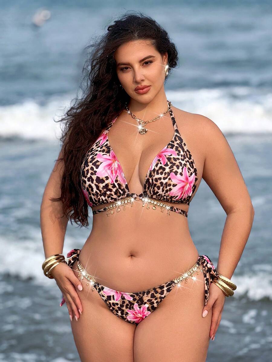 Swim Vcay Plus Size 2pcs Set Random Bling Decor Halter Triangle Bikini, Sexy Minimalist Fashion Women Beach Wear For Summer Beach Vacation - Multicolor - View 1