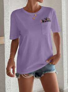 EURMUSE 100%Cotton T-Shirt With Flower Embroidery, Round Collar, Pocket Details - Lilac Purple - View 4