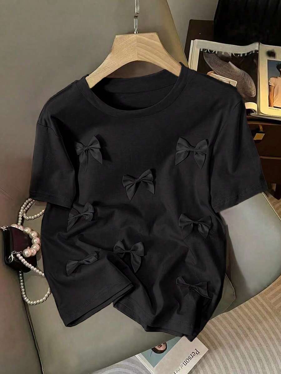 Franclia 粉色H型圆领3D蝴蝶结装饰短袖休闲T恤，女款，夏季大学服装 - 黑色 - 查看 1