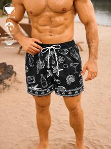 Surfspeed Men's Starfish Print Drawstring Waist Beach Shorts - Black - View 1