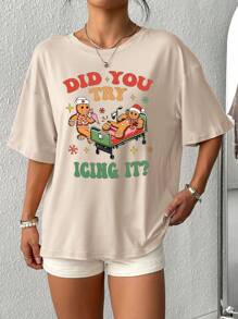 INAWLY Christmas Cartoon Slogan Print Long Short Sleeve T-Shirt Graphic Tees Women Tops For Spring Outfit - Apricot - View 3