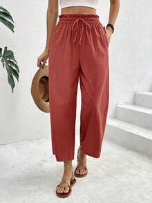 SHEIN Frenchy 女士松紧腰抽绳宽松舒适休闲裤，夏季 - 紅木色 - 查看 7