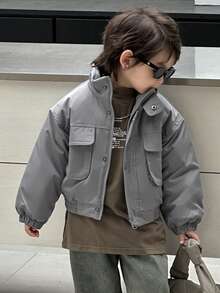 DAZY 男童街头风纯色韩版短款羽绒服，多口袋设计，冬季款 - 灰色 - 查看 2