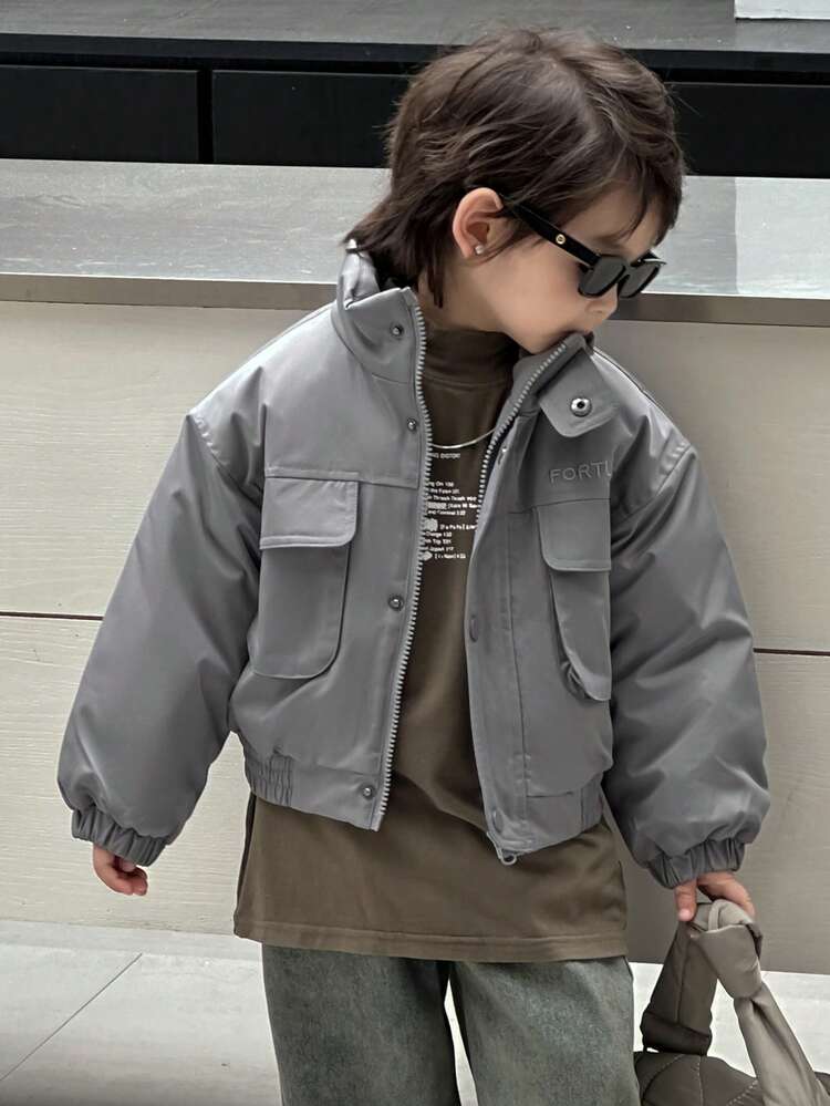 Little Boys' Street-Style Solid Color Korean Short Padded Coat With Multiple Pockets, Winter