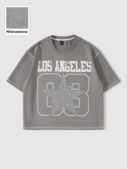 Prep Men's Street Life Glitter Diamond Letter Print Loose Crop Top T-Shirt