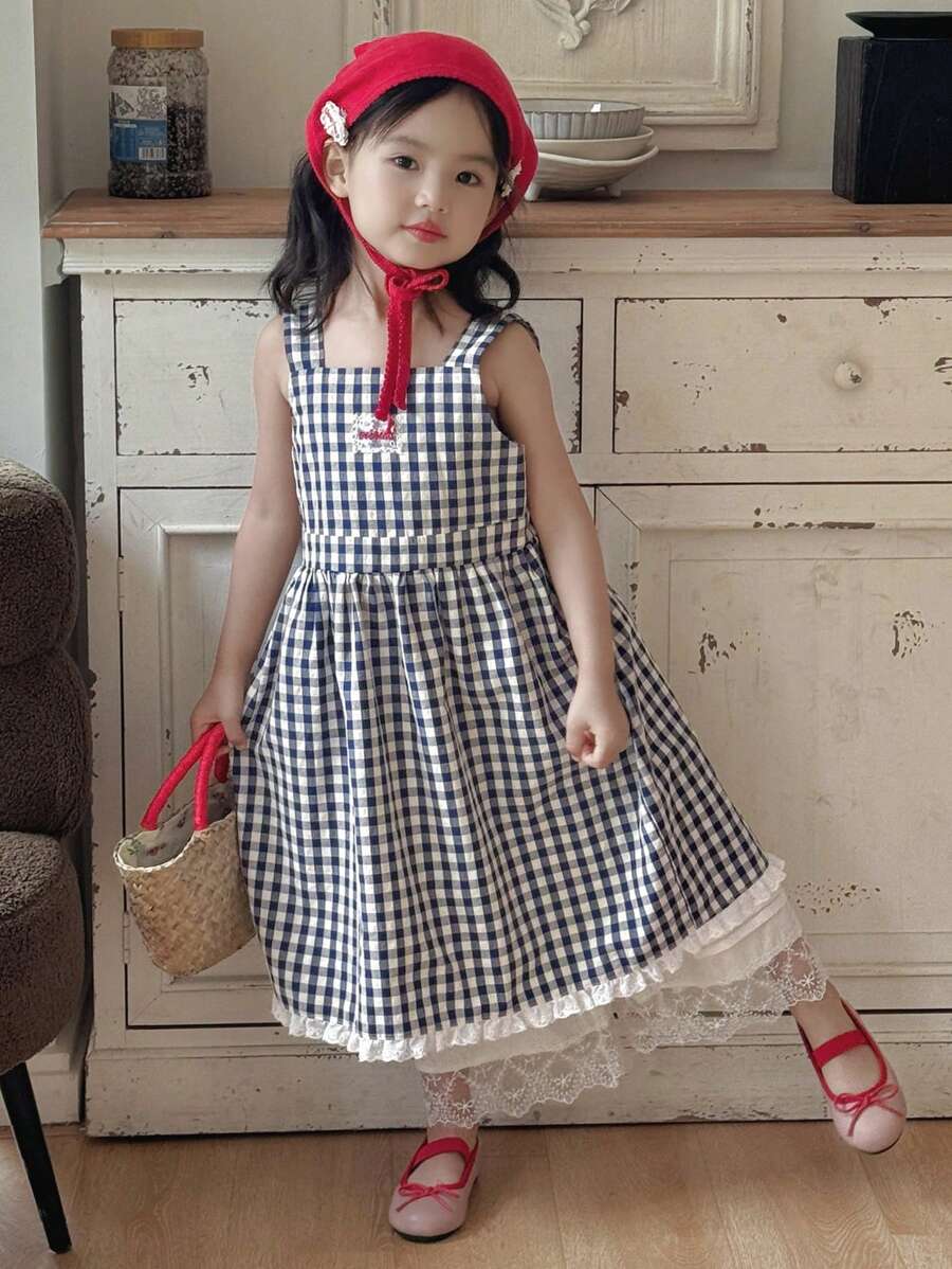 Dazy Kids 年轻女孩休闲格纹荷叶边下摆吊带背心连衣裙，夏季 - 藍色 - 查看 1