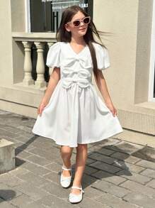 SHEIN Tween Girls' Academic V-Neck White Dress With Dramatic Sleeves & Bow, Back-To-School Season - White - View 3