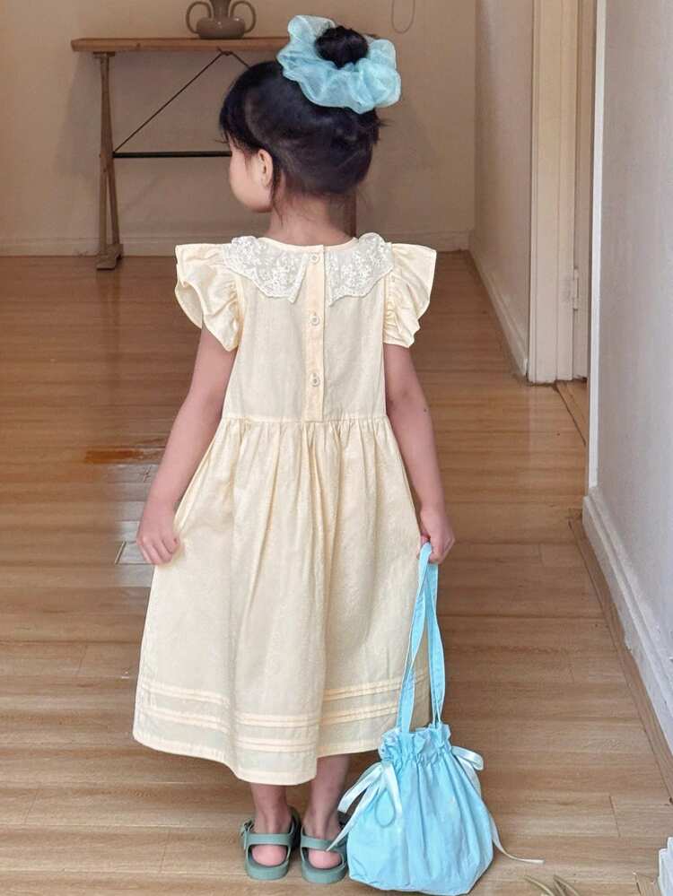 Young Girls Crew Neck Contrast Lace Fashion Cute Short Sleeve Dress, Young Girl Fall Clothes