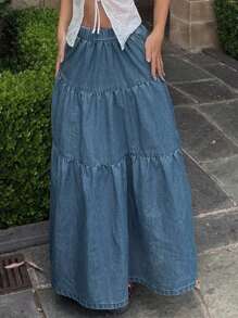 DAZY 女士弹力腰带多层荷叶边休闲牛仔中长裙 - 藍色 - 查看 2