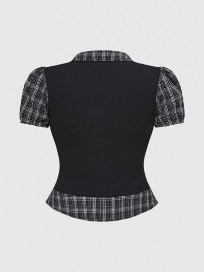 Goth Plus Size Women Gothic Plaid Patchwork Faux Two Pieces Blouse Top, Back To School Outfit