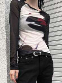 DAZY 女士拼色不对称印花透视网眼上衣外出上衣夏季长袖女上衣 - 彩色 - 查看 6