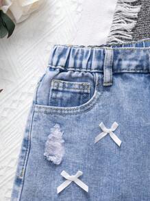 Tween Girls' Denim Short High Waist,Light Blue Distressed Frayed Denim Shorts With White Bow,Summer Casual School Clothes For Fashionable Girls - Medium Wash - View 9