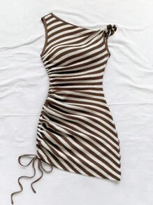 Soleia 女士度假活泼红白条纹不对称领口扭纹侧抽绳褶饰不对称迷你连衣裙，时尚休闲海滩派对 - 彩色 - 查看 6