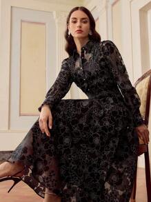 ZEYLAH 女士优雅透明黑色花卉镂空半身裙，夏季 - 黑色 - 查看 1