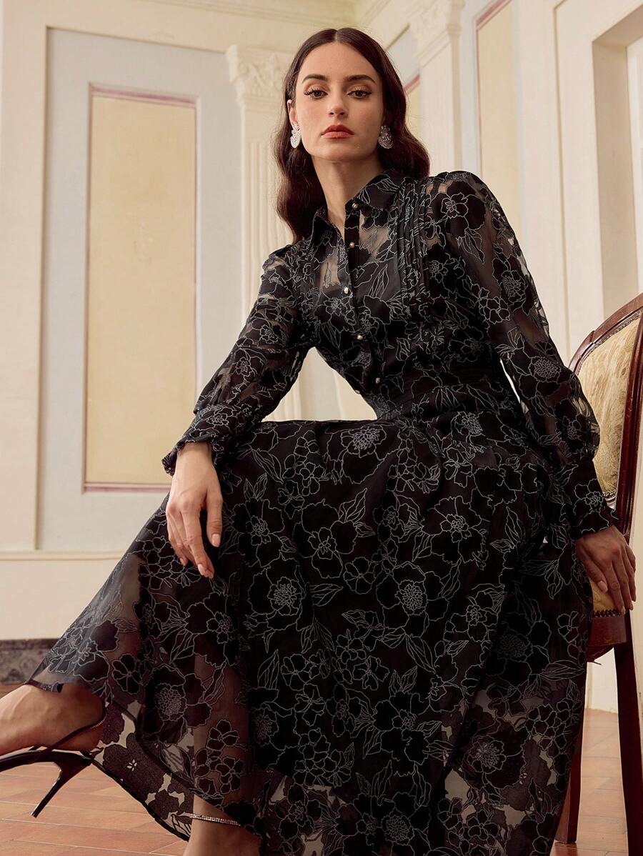 ZEYLAH 女士优雅透明黑色花卉镂空半身裙，夏季 - 黑色 - 查看 1