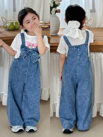 SHEIN Tredimensionell rosettblå denimjumpsuit för unga flickor, barnflickor vår- och sommaravslappnad semester lantlig boho-kläder, strandkläder för barnflickor, western streetwear för flickor, vårlovskläder, ravekläder, festivaljeansjumpsuit, semesterkläder för unga flickor