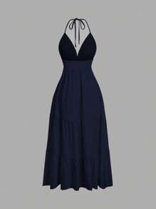 Sweetra 女式贝壳边饰腰部系带挂脖中长连衣裙 - 藏蓝色 - 查看 2