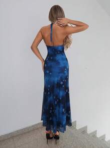 SHEIN ICON Damen Y2K Sommer Boho Ausgehkleid in Blau, sexy Trägerkleid mit Vintage-Blumen-Muster, Rückenausschnitt, ärmellos, Lang - Iron Gray - Übersicht 2