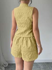 Elenzga 2pcs/Set Women Solid Color Jacquard Sleeveless Shirt And Loose Shorts, Summer