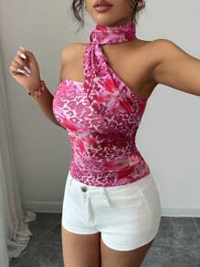 SHEIN Elenzya Áo len họa tiết hoa cổ điển dành cho nữ, kỳ nghỉ hè - Màu Hồng Tươi - Xem 1