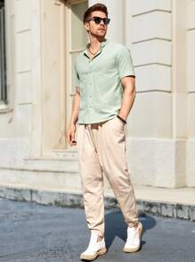 Manfinity VCAY Men Cotton Button Front Plain Shirt For Summer - Mint Green - View 4