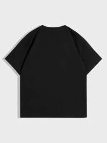 SHEIN Tween Boys' Colorblock Letter Streetwear Print Black Short Sleeve T-Shirt,Casual Sporty Comfortable Soft Fabric,Suitable For School,Travel,Summer - Black - View 3