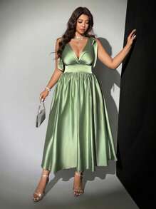 Viva Relle Plus Size Summer Elegant Solid Color Sleeveless Dress - Green - View 3