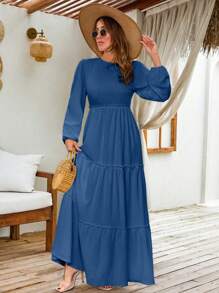 LANTERN LONG SLEEVE LAYERED LONG DRESS - Navy Blue - View 5