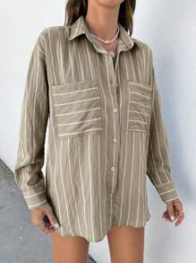 White Stripe Drop Shoulder Long Sleeve Shirt - Beige - View 6