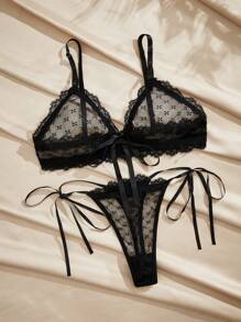 Charlaine French Minimalist Polka Dot Lace Trim Bralette & Panty Set For Women - Black - View 1